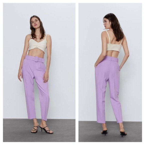 Zara Pants - BELTED LILAC CASUAL PANTS HIGH WAIST